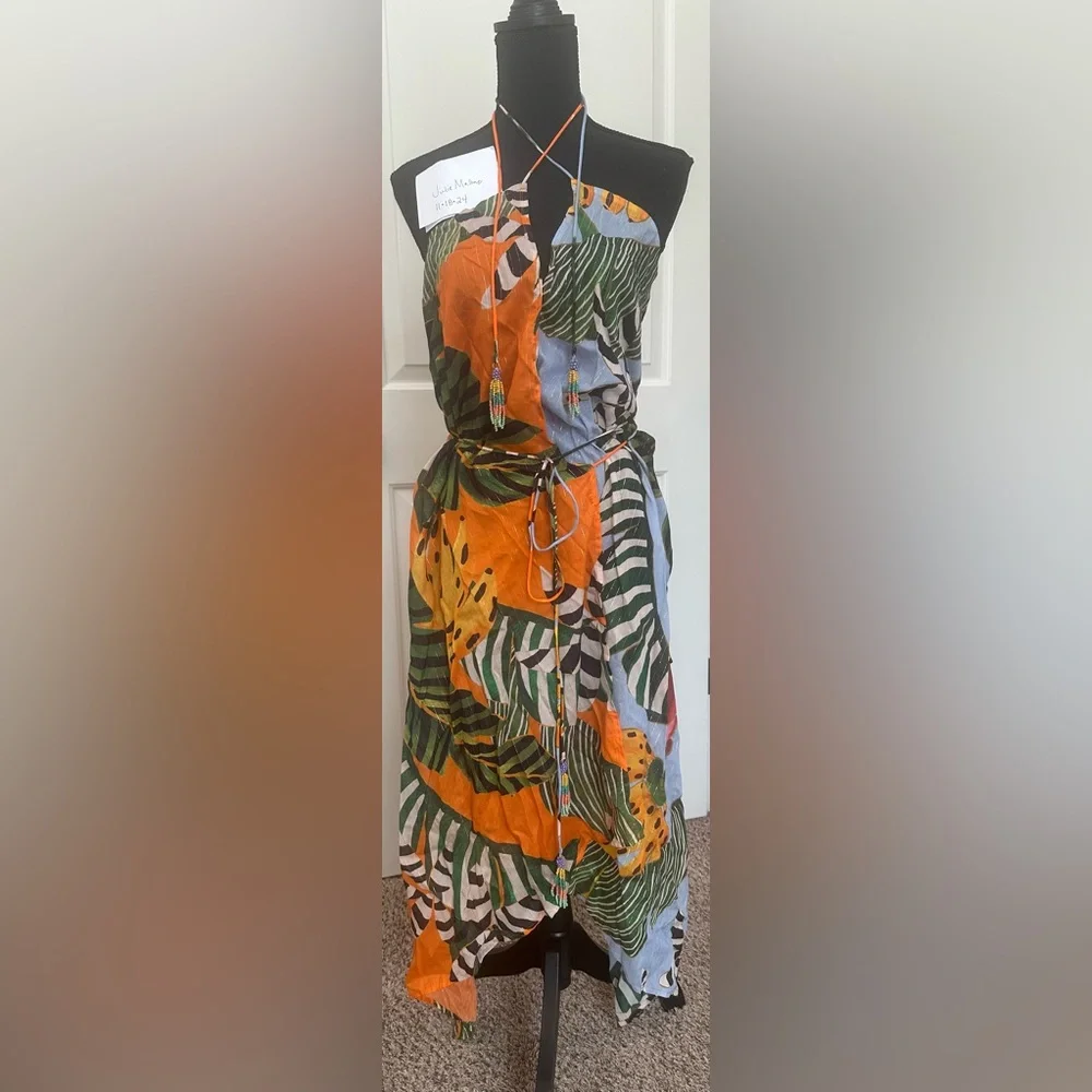 FARM Rio Orange Green Blue Tropical Leaf Halter Swim Coverup